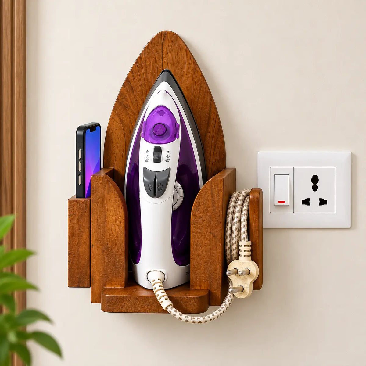 Heat-resistant wooden iron box holder with built-in mobile holder, wall mounted, seasoned mahogany