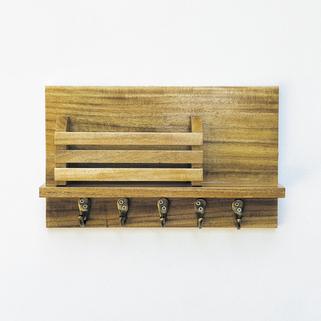 Handcrafted Acacia Wood Wall Key Holder with Shelf – 5 Hooks