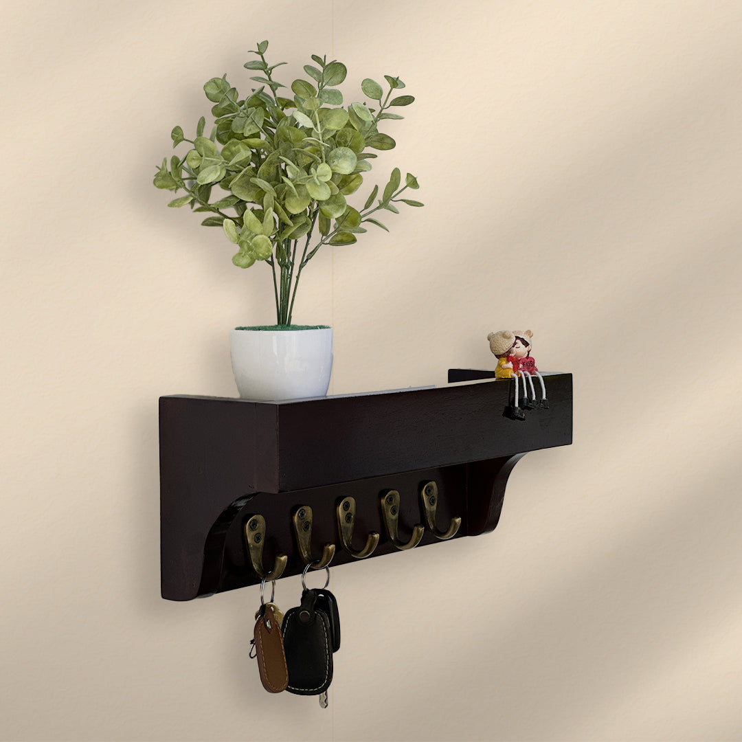 Luxury Mahogany Wooden Key Rack – Polished Finish with 5 Hooks