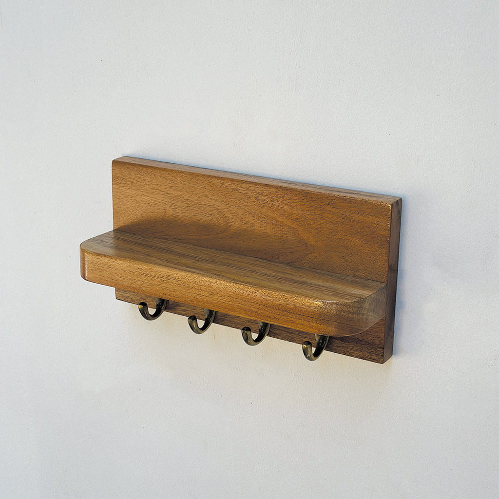 Mahogany Wooden Wall Key Holder with Shelf – 4 Hooks