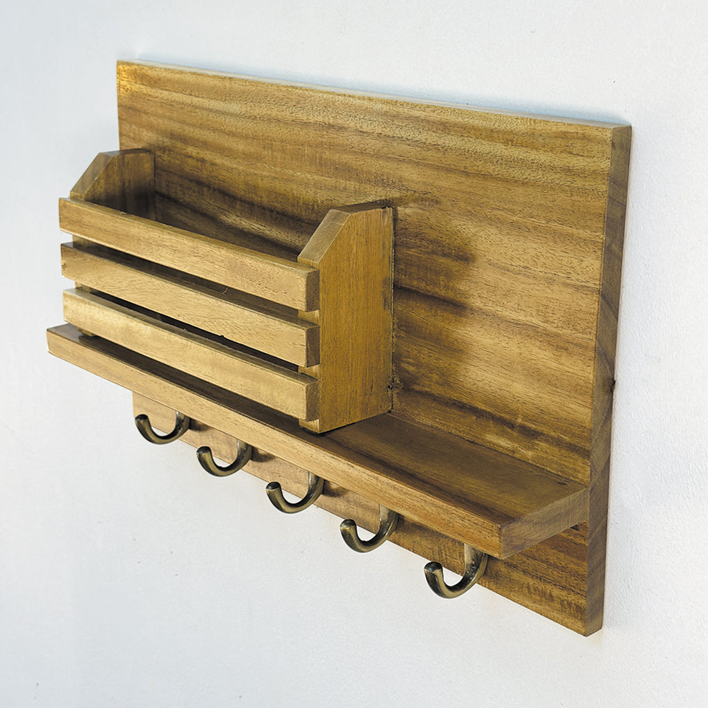 Handcrafted Acacia Wood Wall Key Holder with Shelf – 5 Hooks