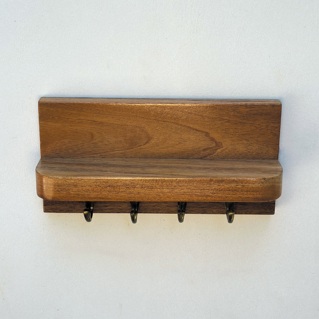 Mahogany Wooden Wall Key Holder with Shelf – 4 Hooks