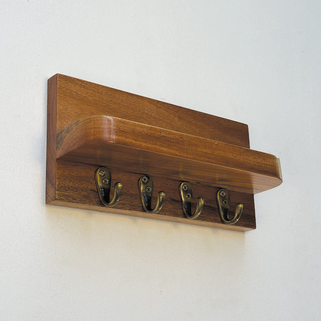 Mahogany Wooden Wall Key Holder with Shelf – 4 Hooks