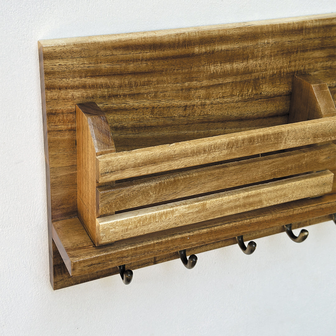 Handcrafted Acacia Wood Wall Key Holder with Shelf – 5 Hooks