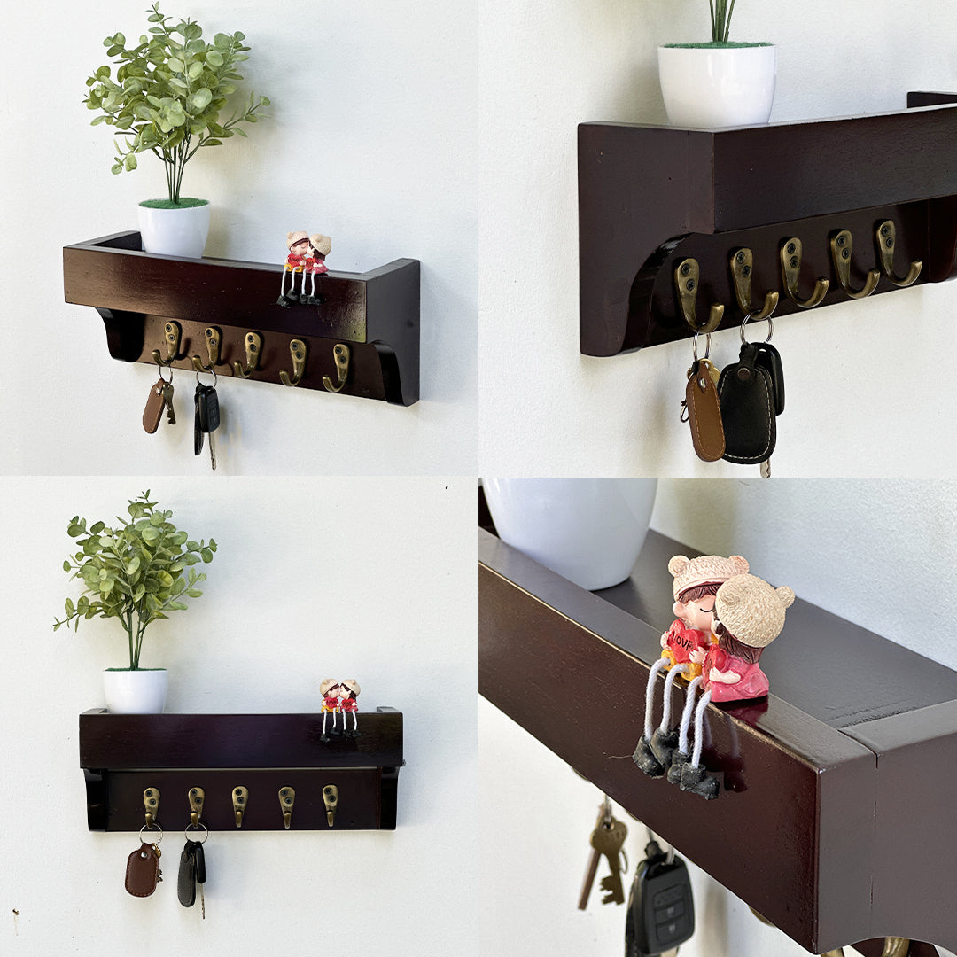 Luxury Mahogany Wooden Key Rack – Polished Finish with 5 Hooks