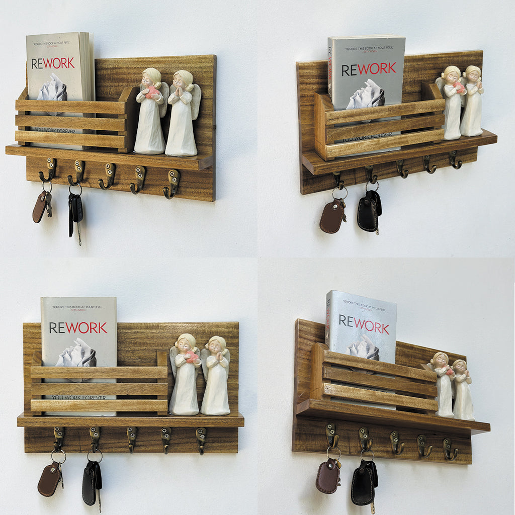 Handcrafted Acacia Wood Wall Key Holder with Shelf – 5 Hooks