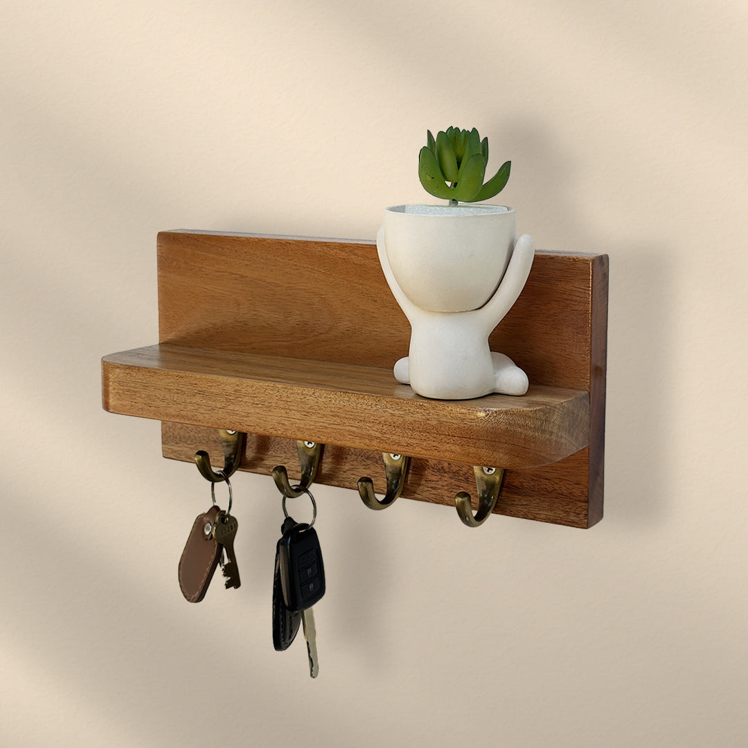 Mahogany Wooden Wall Key Holder with Shelf – 4 Hooks