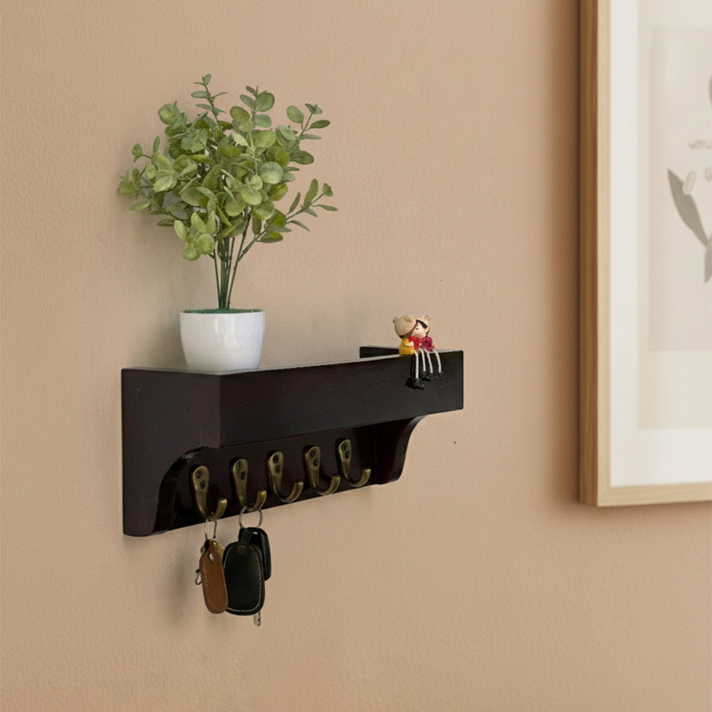 Luxury Mahogany Wooden Key Rack – Polished Finish with 5 Hooks