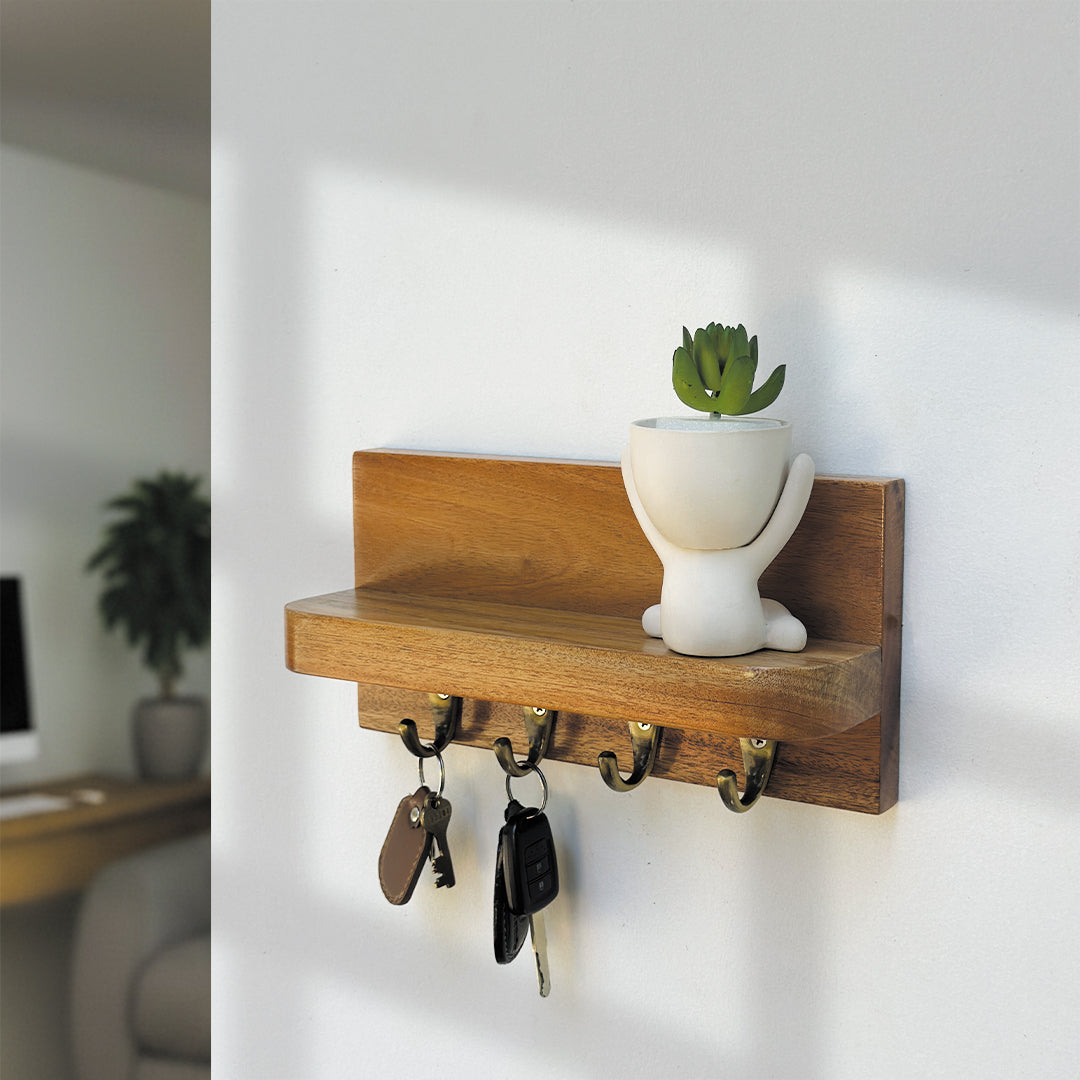 Mahogany Wooden Wall Key Holder with Shelf – 4 Hooks
