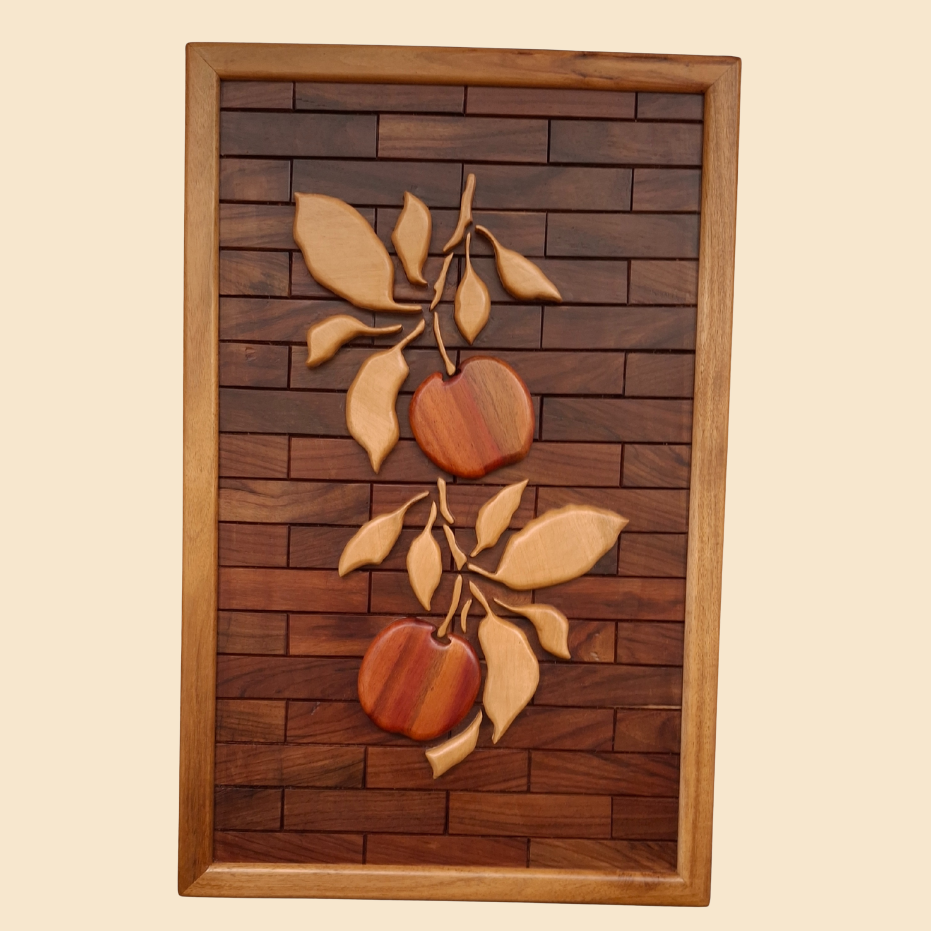 Handcrafted Wooden Intarsia Wall Art – Apple & Leaf Design (23" x 15") – Made from 4 Natural Wood Species, No Artificial Colors