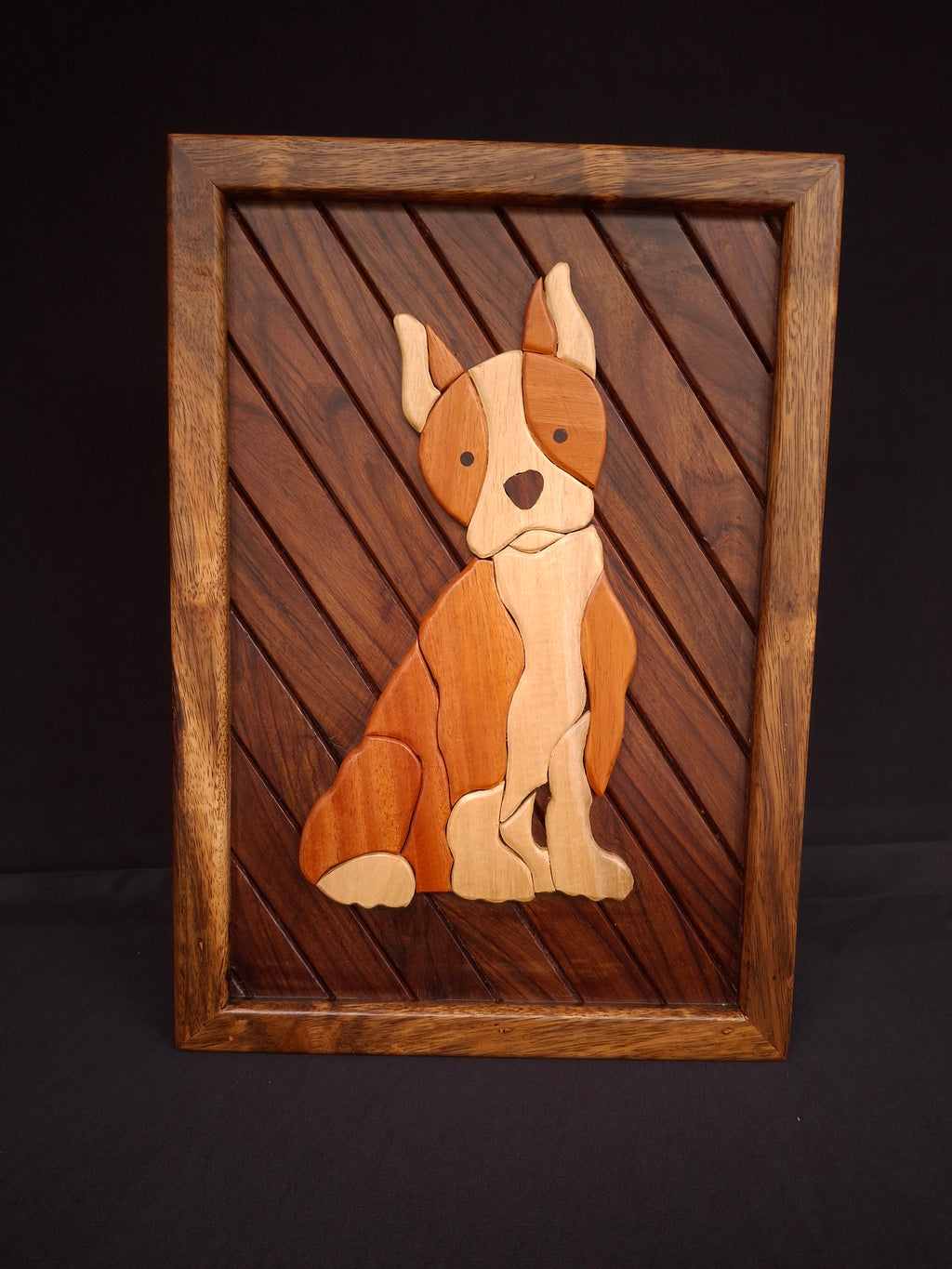 Handcrafted Wooden Wall Decor – Dog Intarsia Art | 16" x 11" | Rosewood Back & Albizia Frame