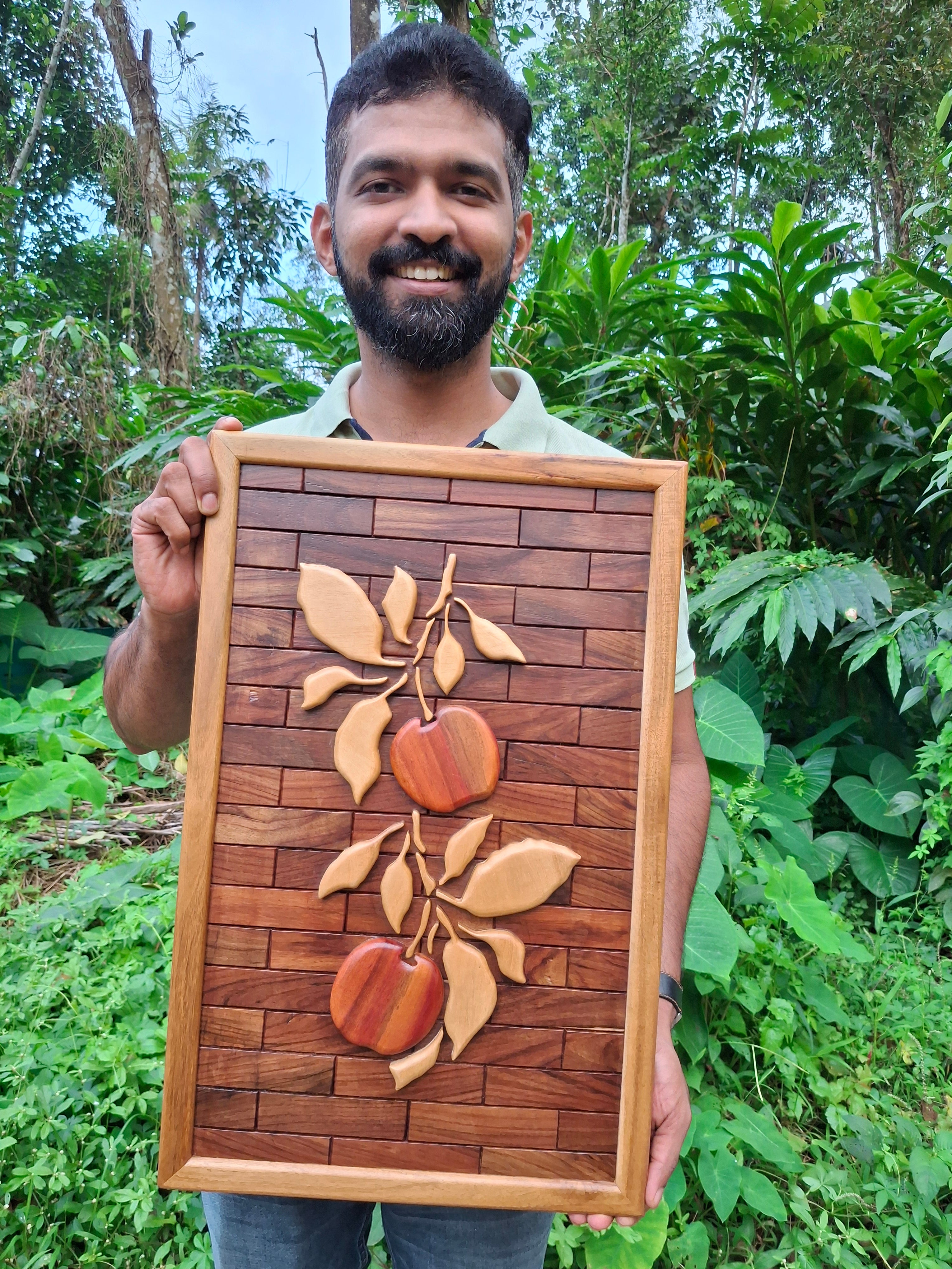 Handcrafted Wooden Intarsia Wall Art – Apple & Leaf Design (23" x 15") – Made from 4 Natural Wood Species, No Artificial Colors