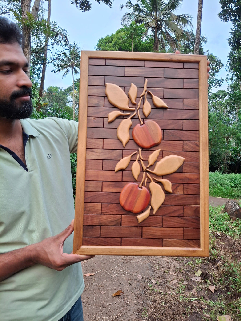Handcrafted Wooden Intarsia Wall Art – Apple & Leaf Design (23" x 15") – Made from 4 Natural Wood Species, No Artificial Colors