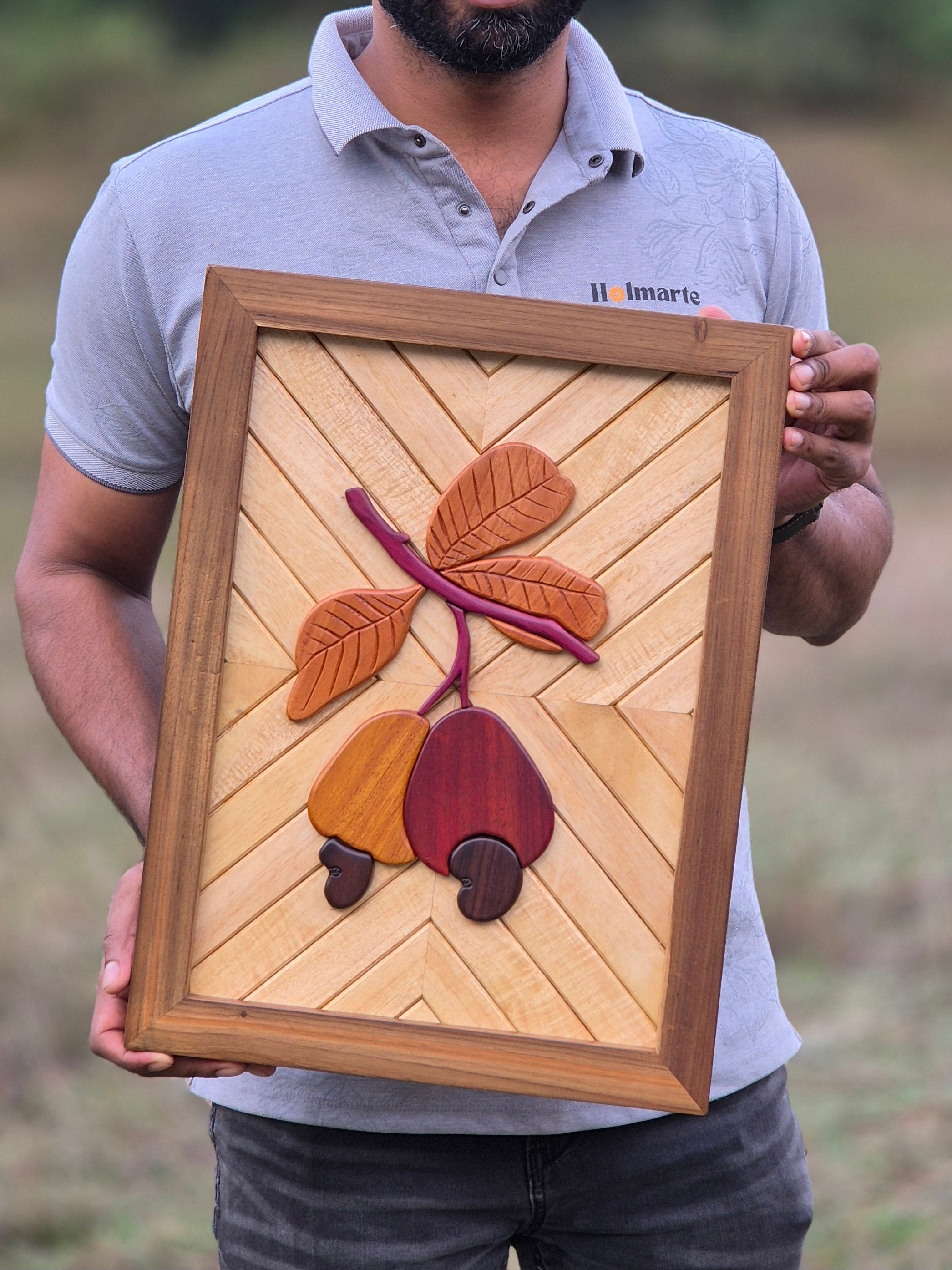 Handcrafted Wooden Wall Décor with Natural Wood Inlay Cashew Art (18 × 13.5 Inches)