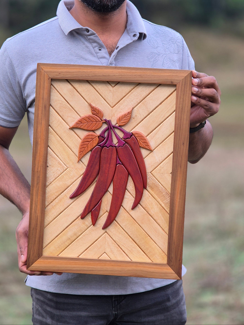 Handcrafted Solid Wood Inlay Wall Décor – Teak Frame with Exotic Wood Art (18" × 13.5")