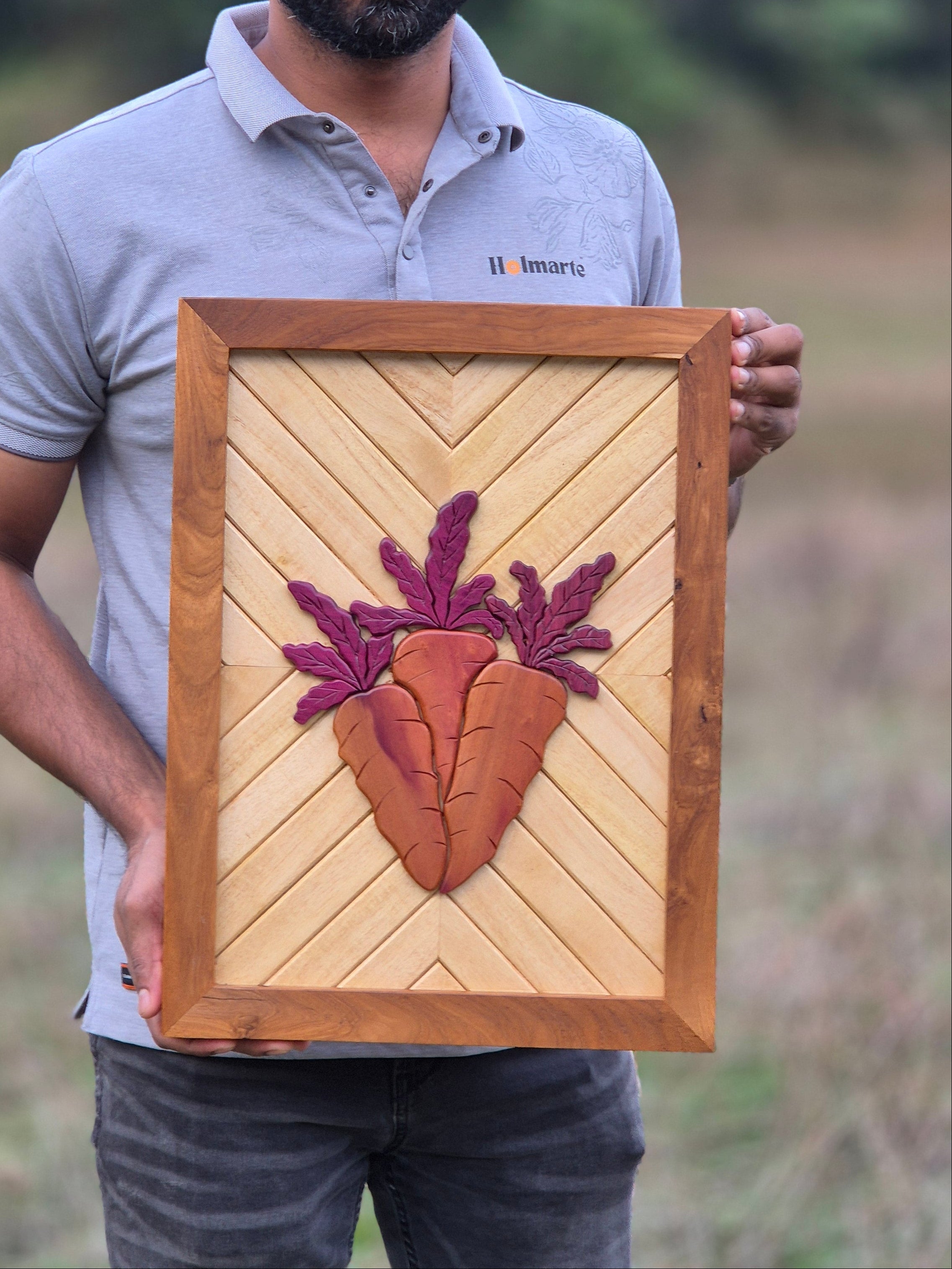 Handcrafted Wooden Wall Décor with Natural Wood Inlay – Carrot Art Panel (18 × 13.5 Inches)
