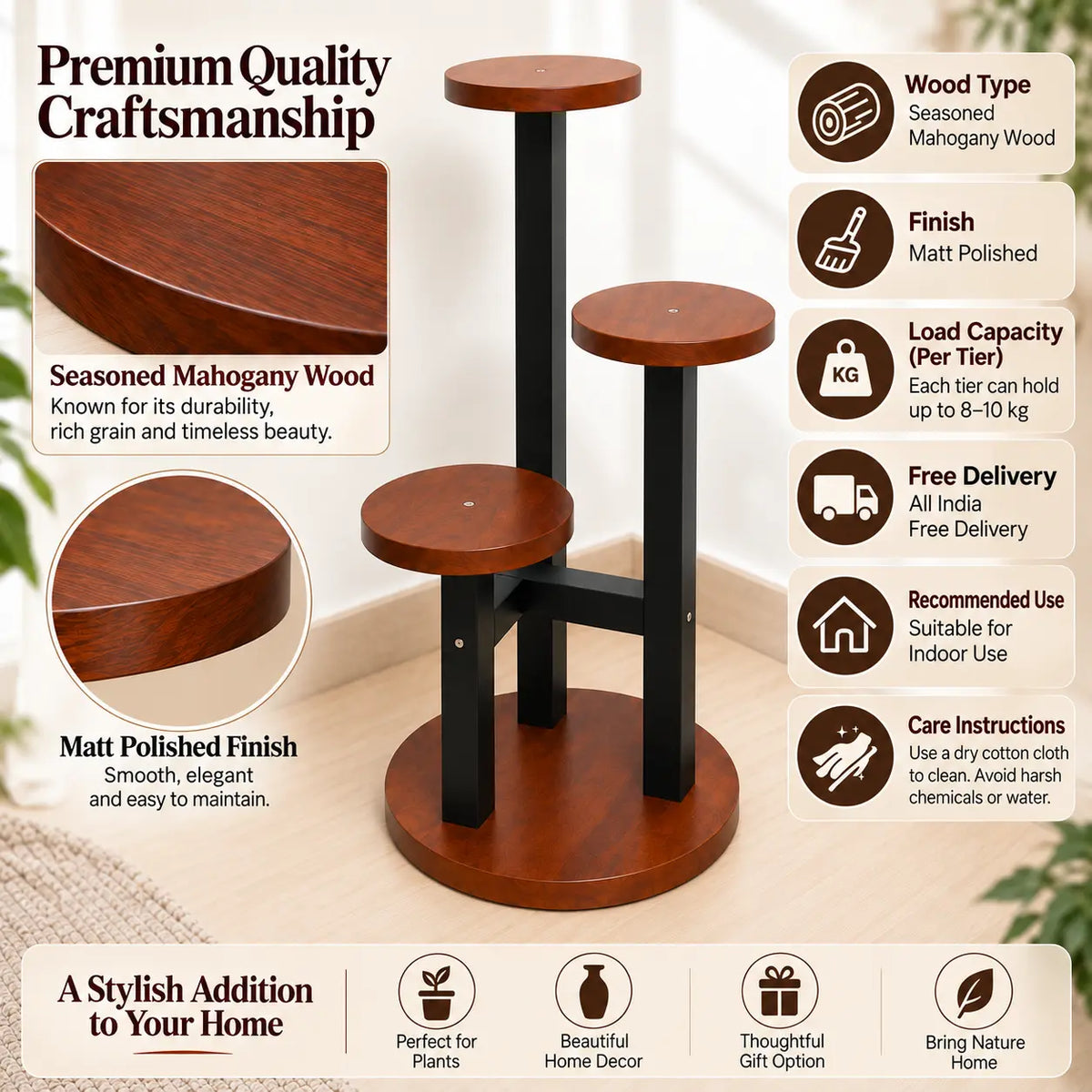 Handcrafted 3-Tier Wooden Plant Stand | Indoor Flower Pot Display Rack