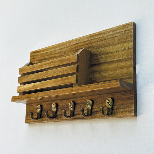Wooden Key holder with shelf and 5 antique brass finish hooks