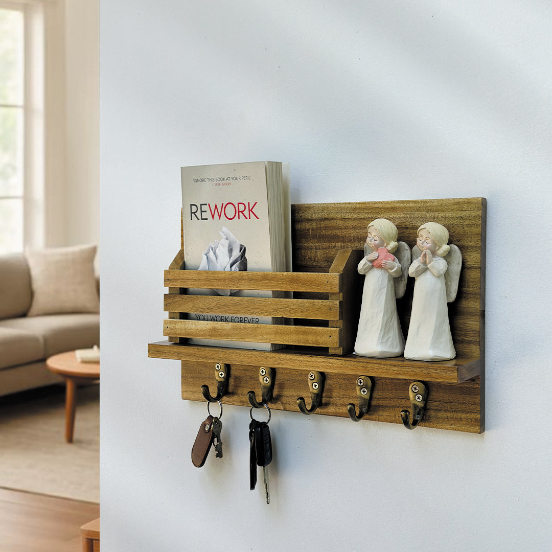 Wooden Key holder with shelf and 5 antique brass finish hooks