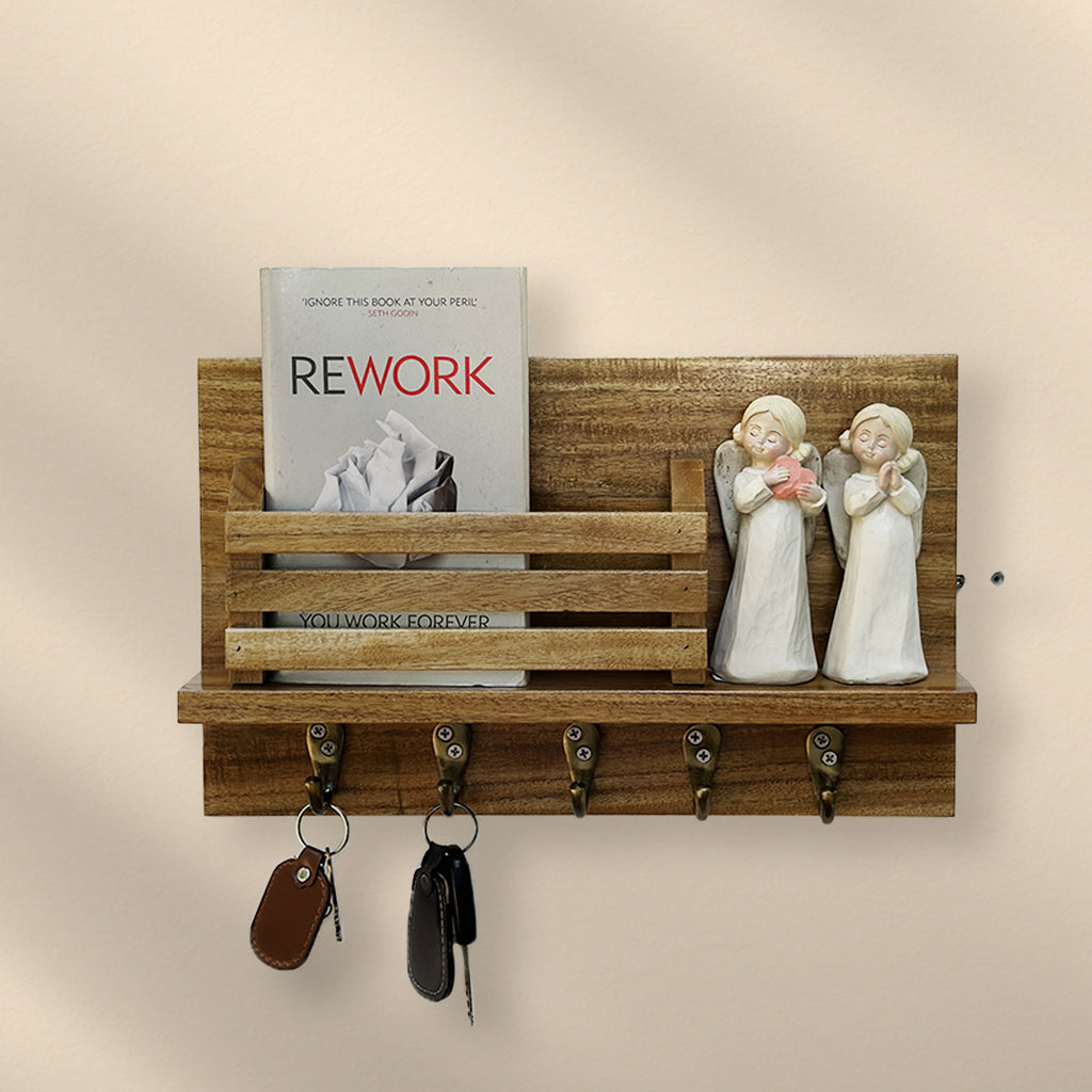 Wooden Key holder with shelf and 5 antique brass finish hooks