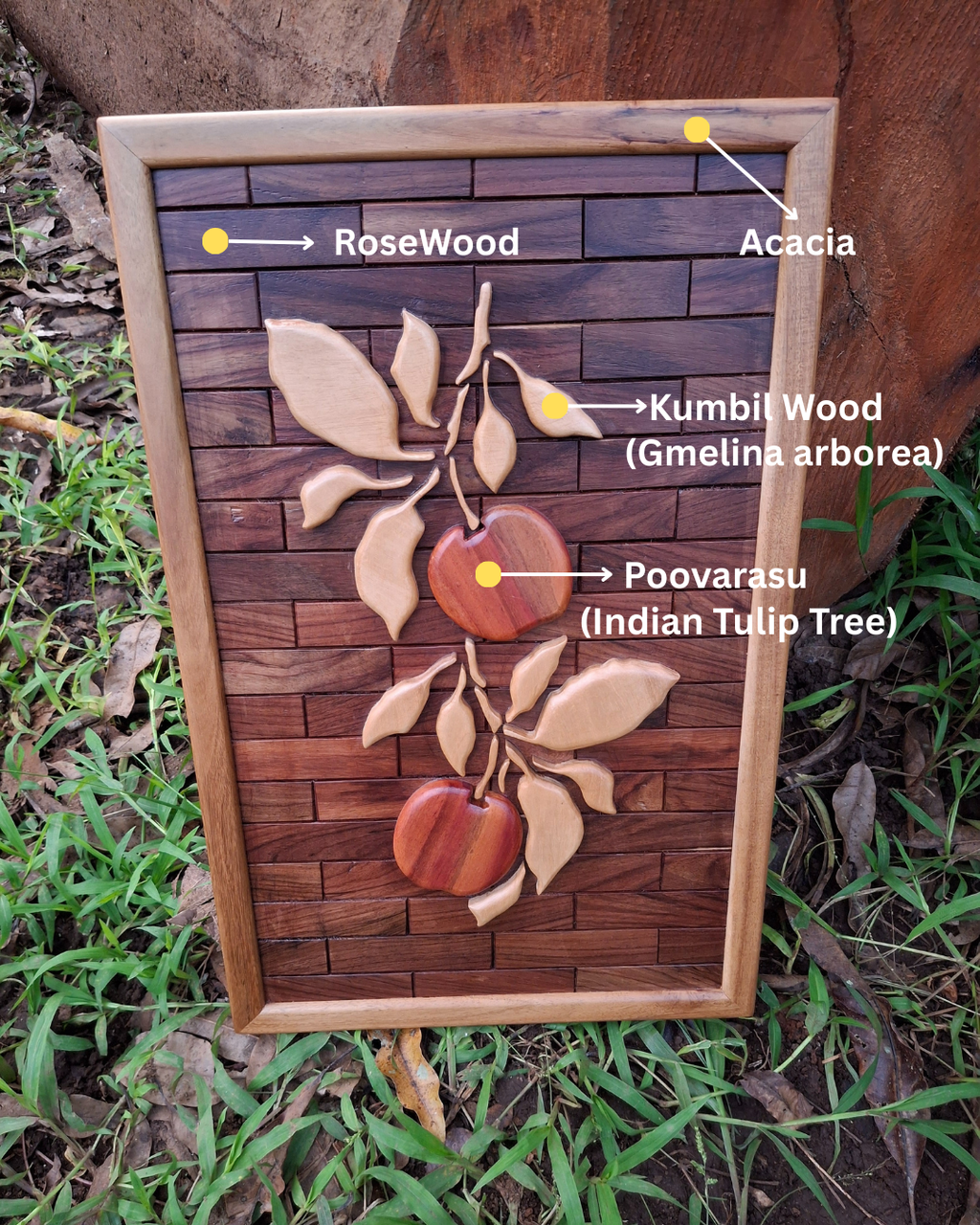 Handcrafted Wooden Intarsia Wall Art – Apple & Leaf Design (23" x 15") – Made from 4 Natural Wood Species, No Artificial Colors