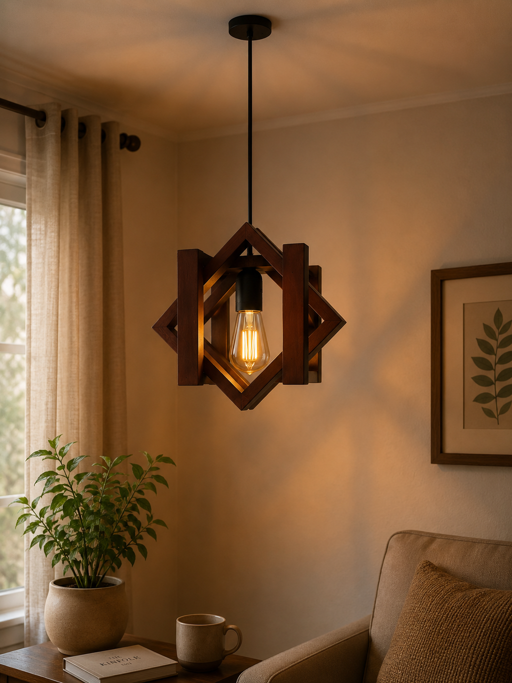 Handcrafted Geometric Wooden Pendant Light | Modern Ceiling Hanging Lamp