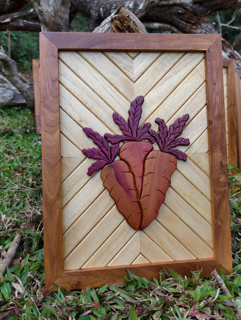 Handcrafted Wooden Wall Décor with Natural Wood Inlay – Carrot Art Panel (18 × 13.5 Inches)