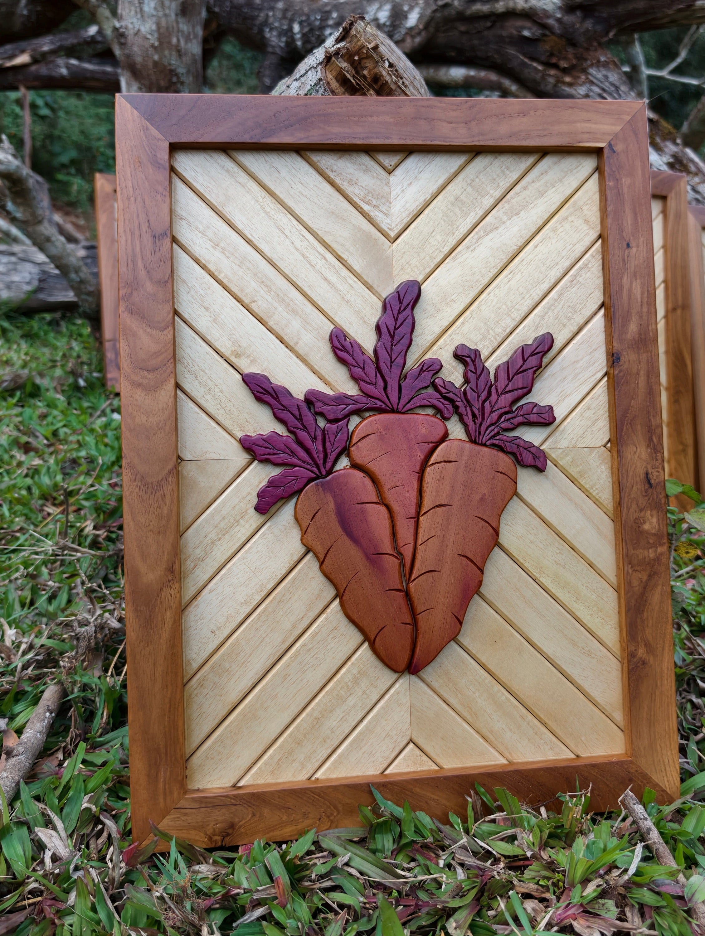 Handcrafted Wooden Wall Décor with Natural Wood Inlay – Carrot Art Panel (18 × 13.5 Inches)