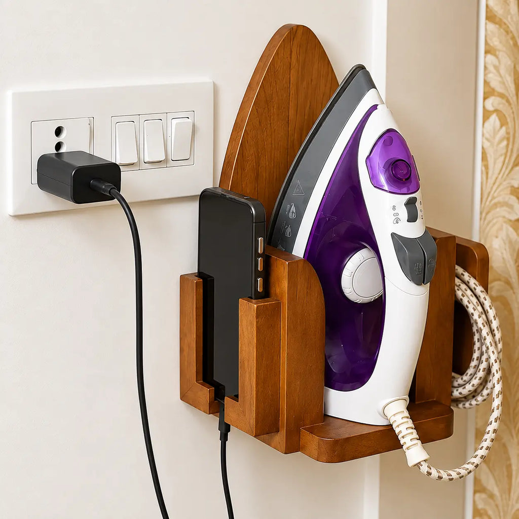 Seasoned mahogany wall-mounted iron holder with side slot for charging mobile phone and cord hook