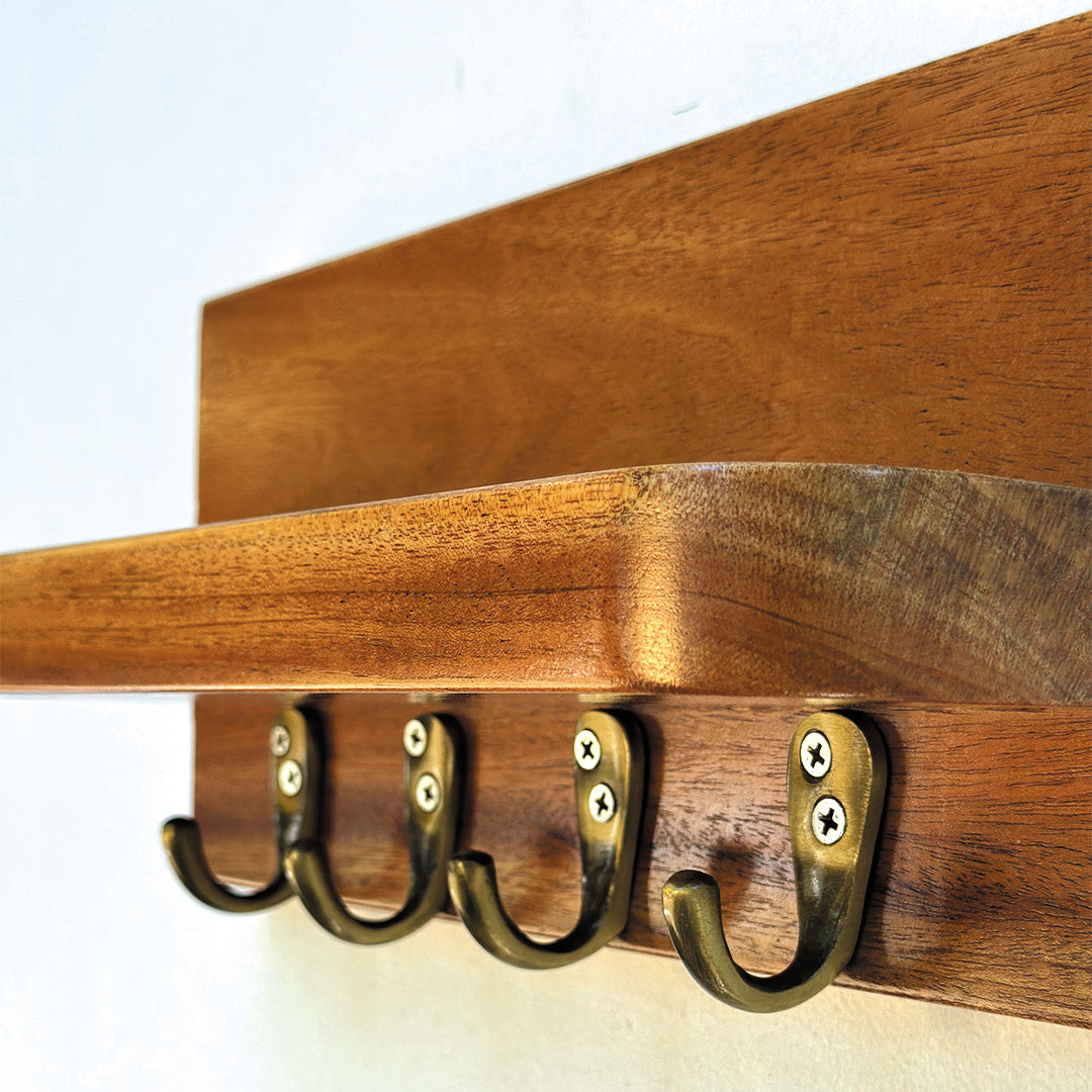 Wooden Key holder with shelf and 4 antique brass finish hooks