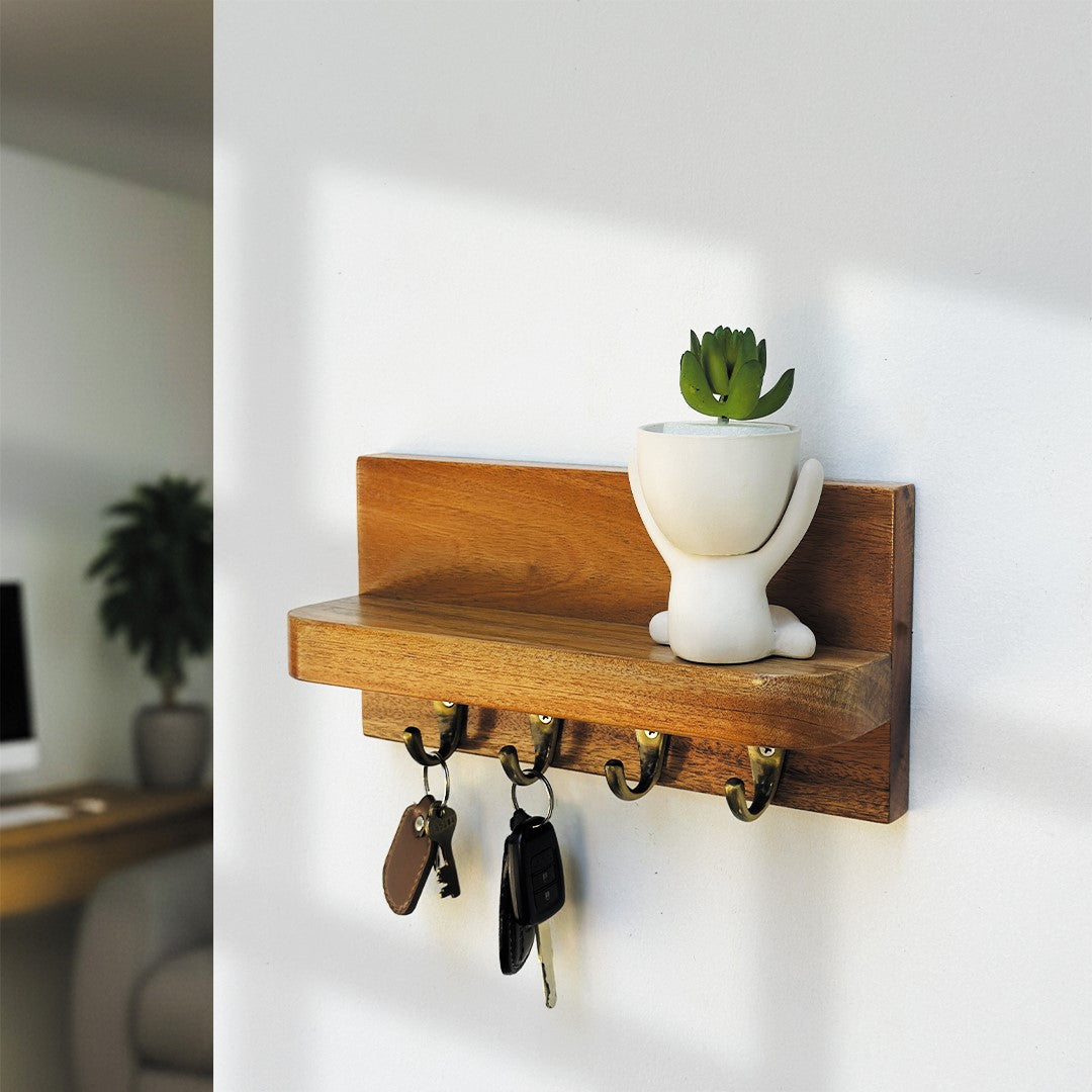 Wooden Key holder with shelf and 4 antique brass finish hooks