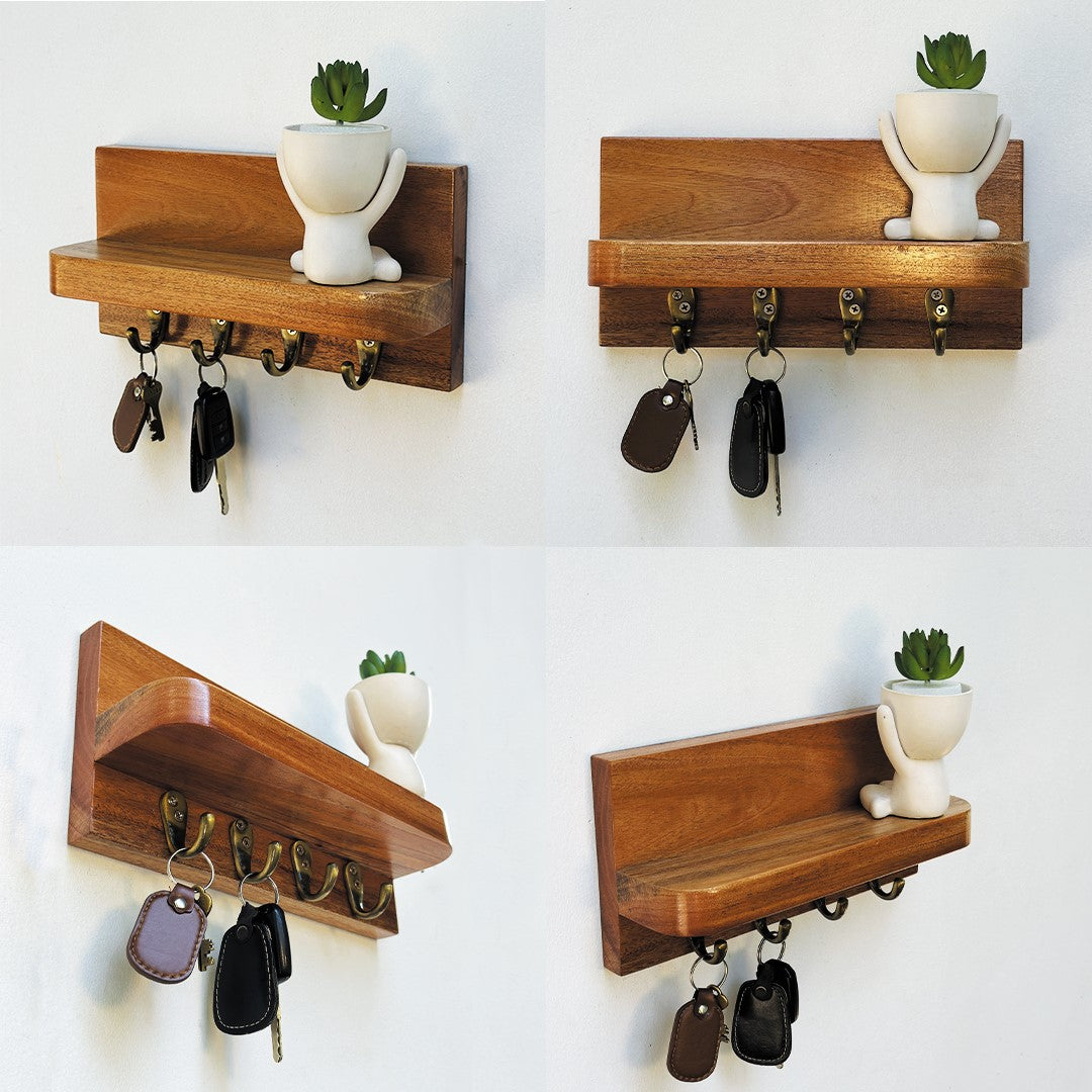 Wooden Key holder with shelf and 4 antique brass finish hooks