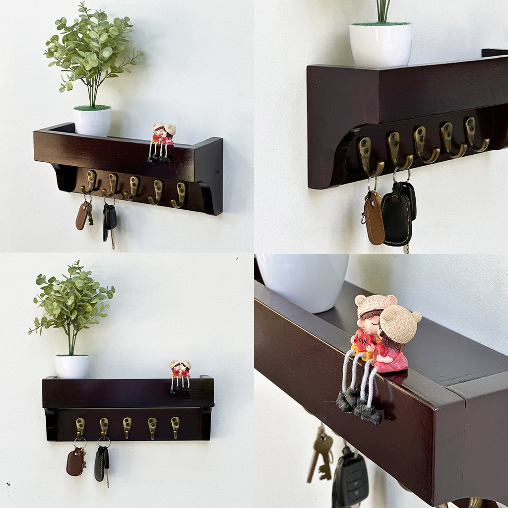 Wooden Key holder 5 antique brass finish hooks 