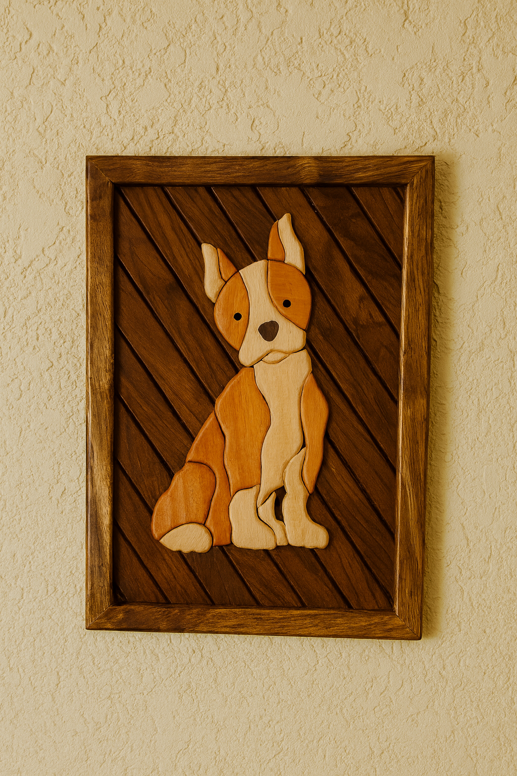 Handcrafted Wooden Wall Decor – Dog Intarsia Art | 16" x 11" | Rosewood Back & Albizia Frame