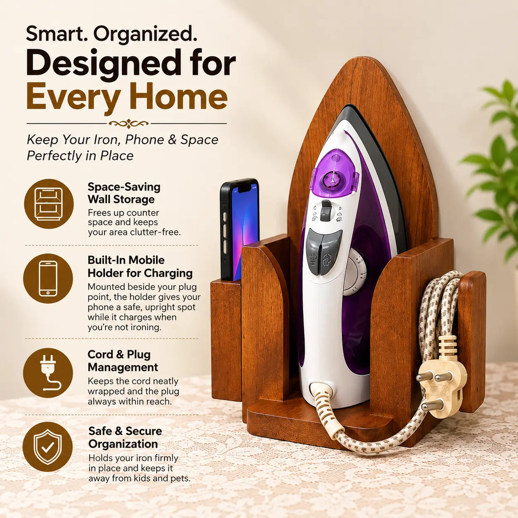 Wall-mounted wooden iron box holder holding a steam iron in a laundry area