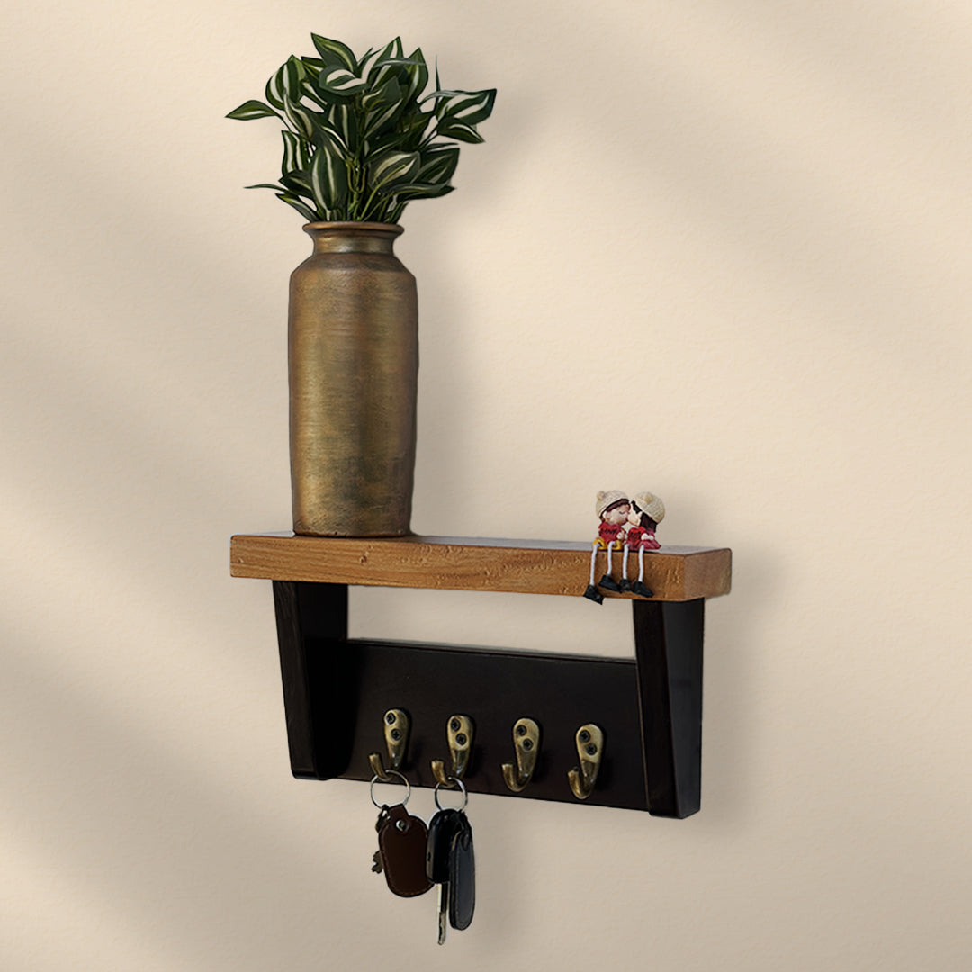Wooden Key holder with shelf and 4 antique brass finish hooks