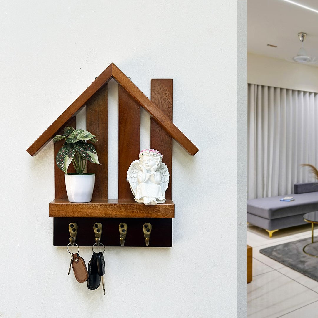 Wooden Key holder with shelf and 4 antique brass finish hooks