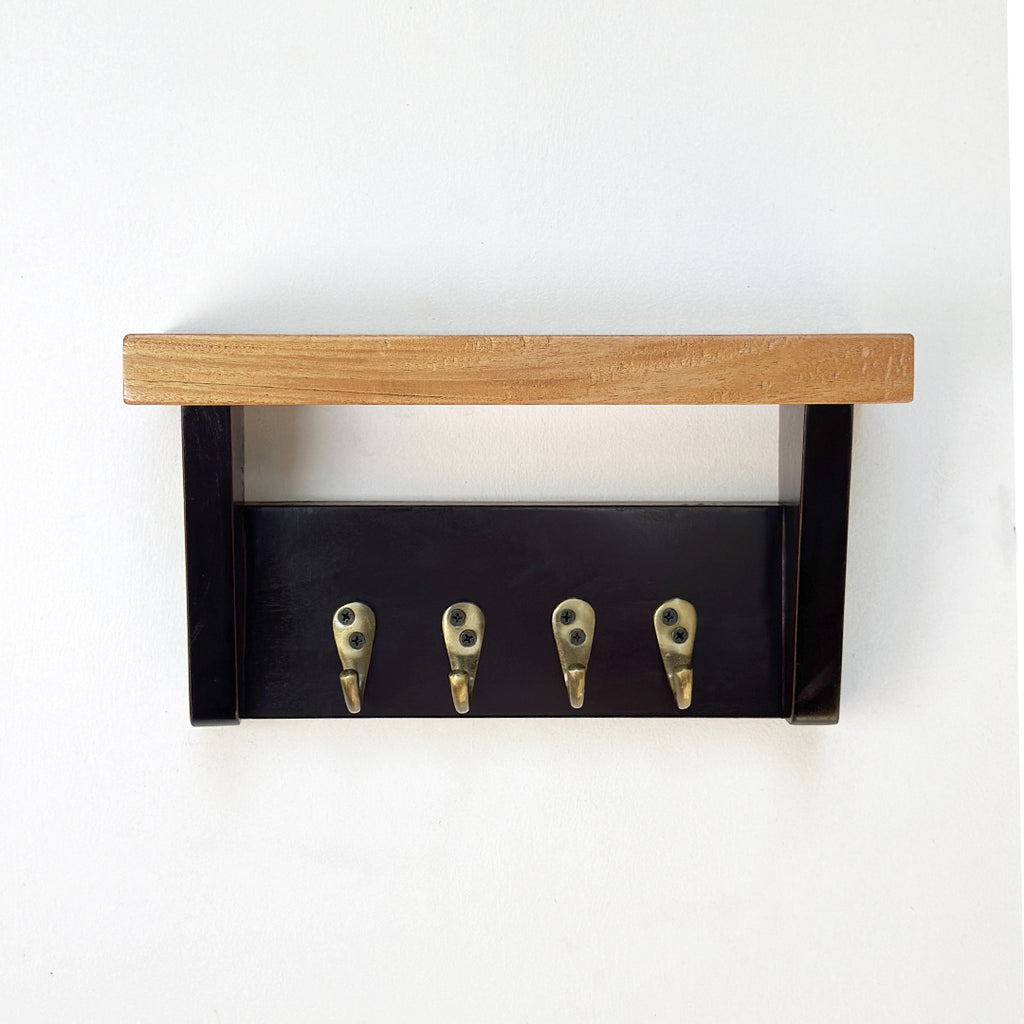 Wooden Key holder with shelf and 5 antique brass finish hooks