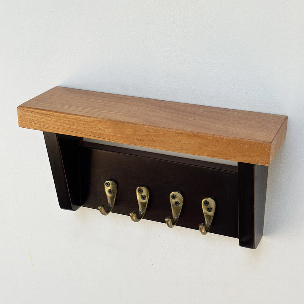 Wooden Key holder with shelf and 5 antique brass finish hooks