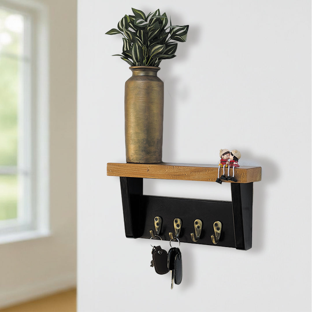 Wooden Key holder with shelf and 5 antique brass finish hooks