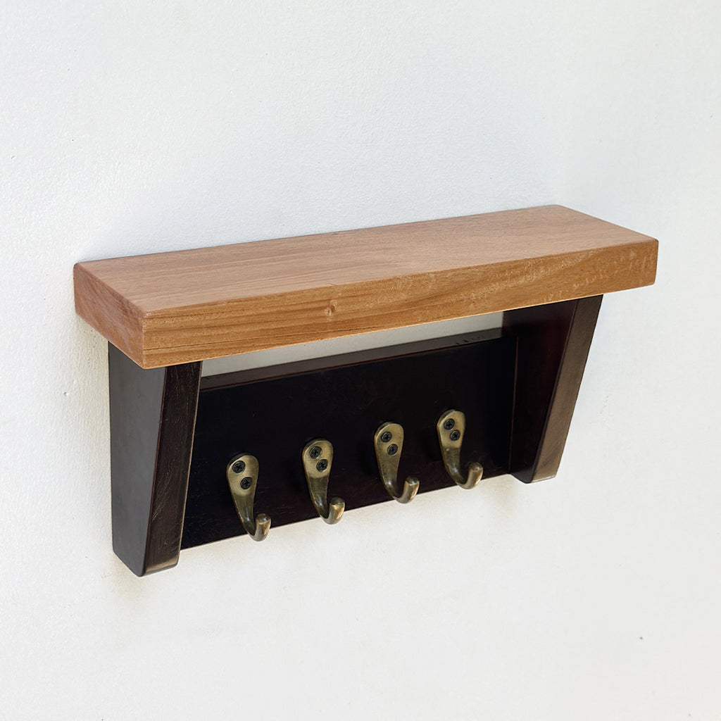 Wooden Key holder with shelf and 5 antique brass finish hooks