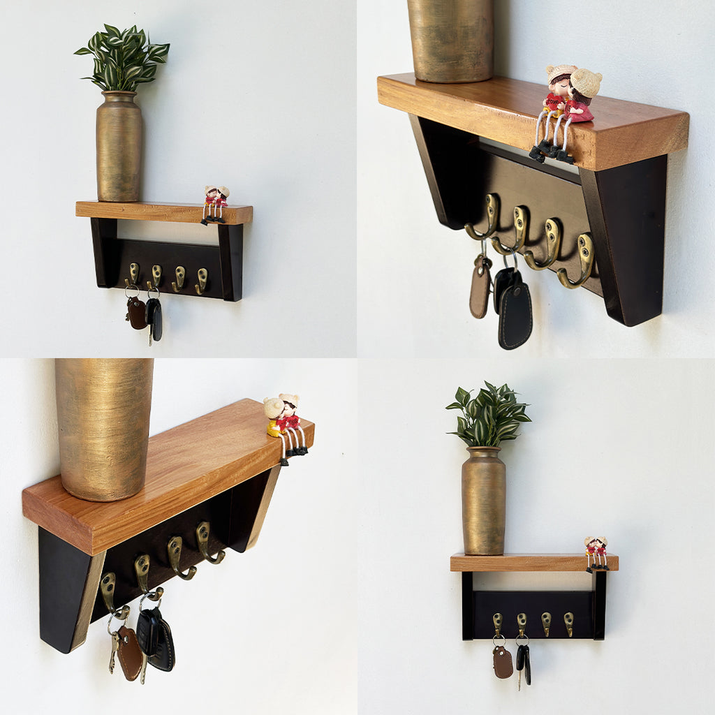 Wooden Key holder with shelf and 5 antique brass finish hooks