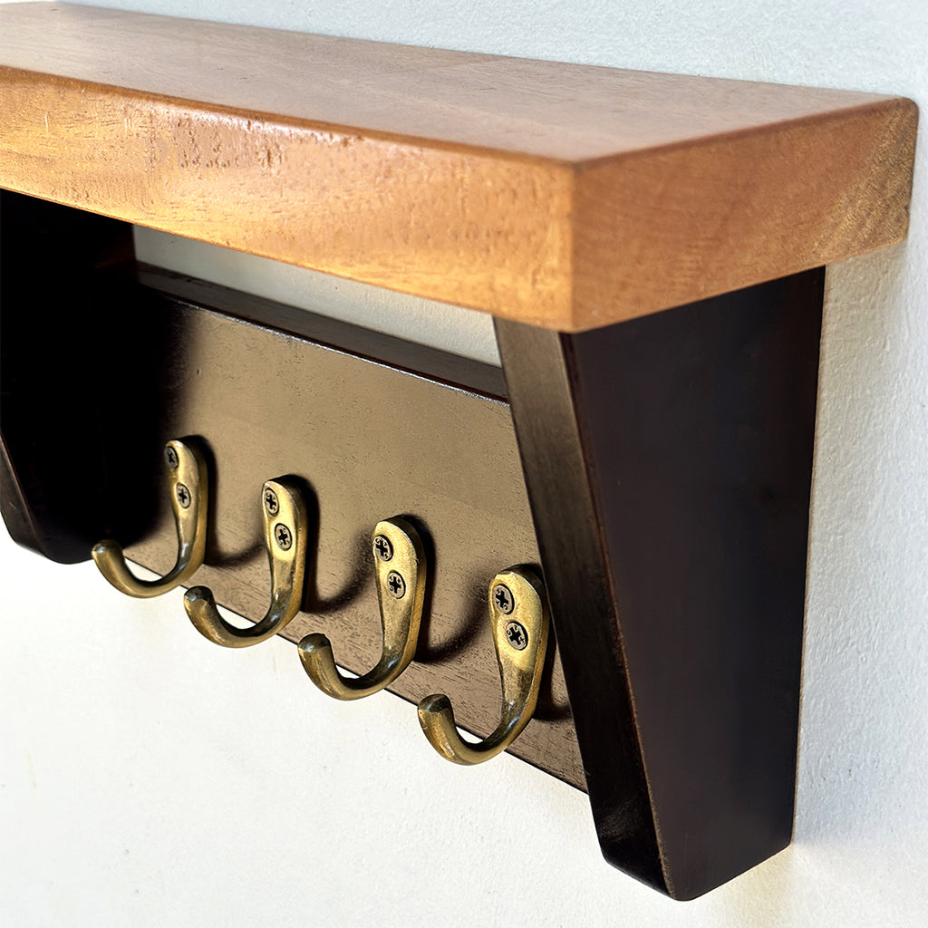 Wooden Key holder with shelf and 5 antique brass finish hooks