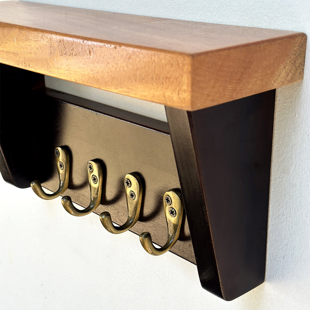 Wooden Key holder with shelf and 5 antique brass finish hooks