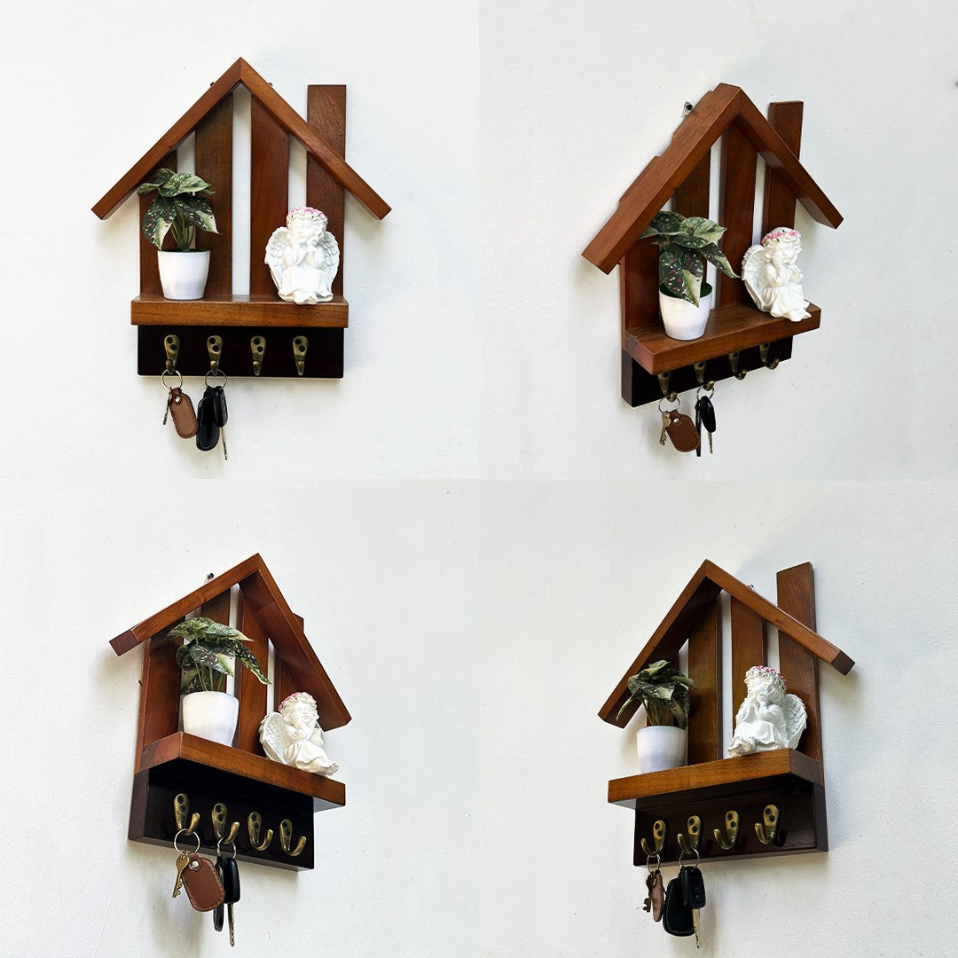 Wooden Key holder with shelf and 4 antique brass finish hooks