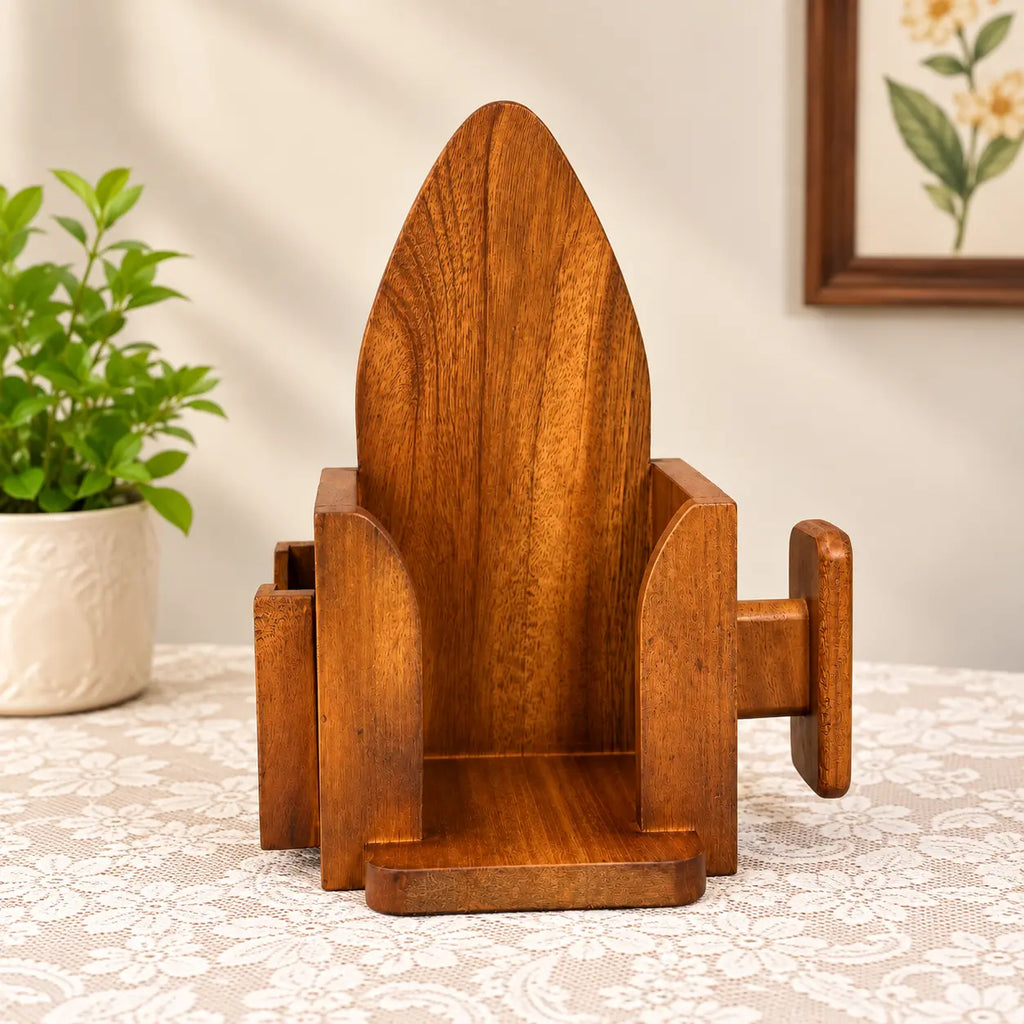 Close-up of mahogany wood grain on Holmarte iron holder with phone holder