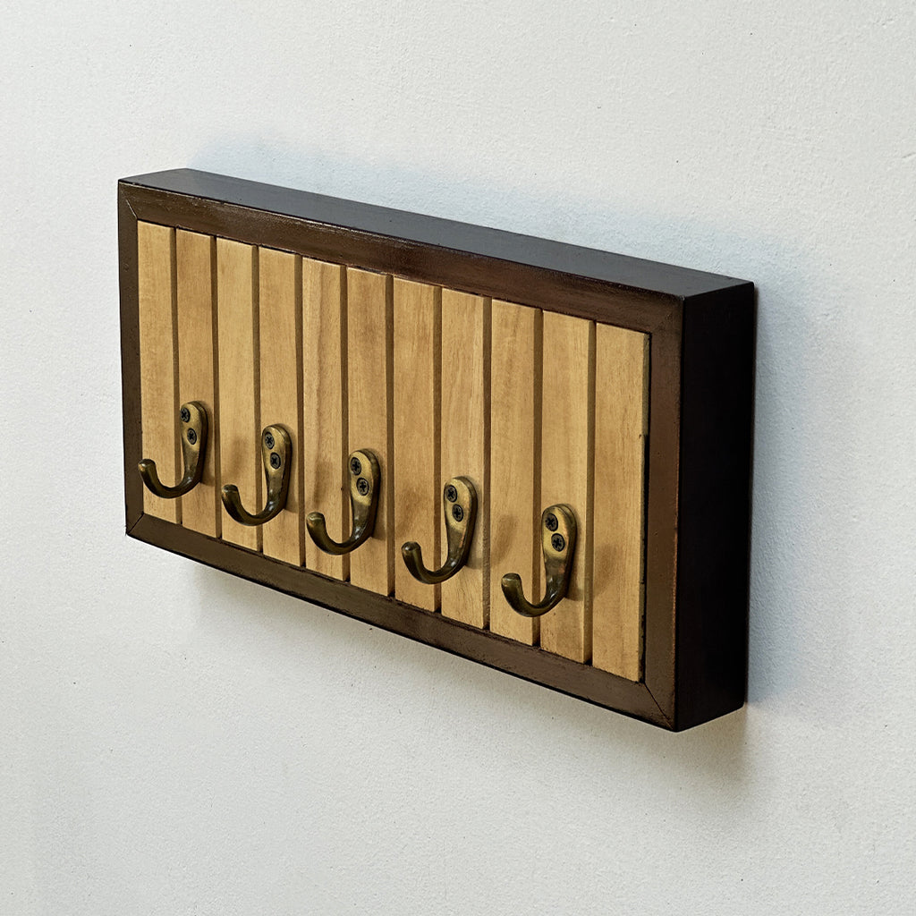 Wooden Key holder with 5 antique brass finish hooks