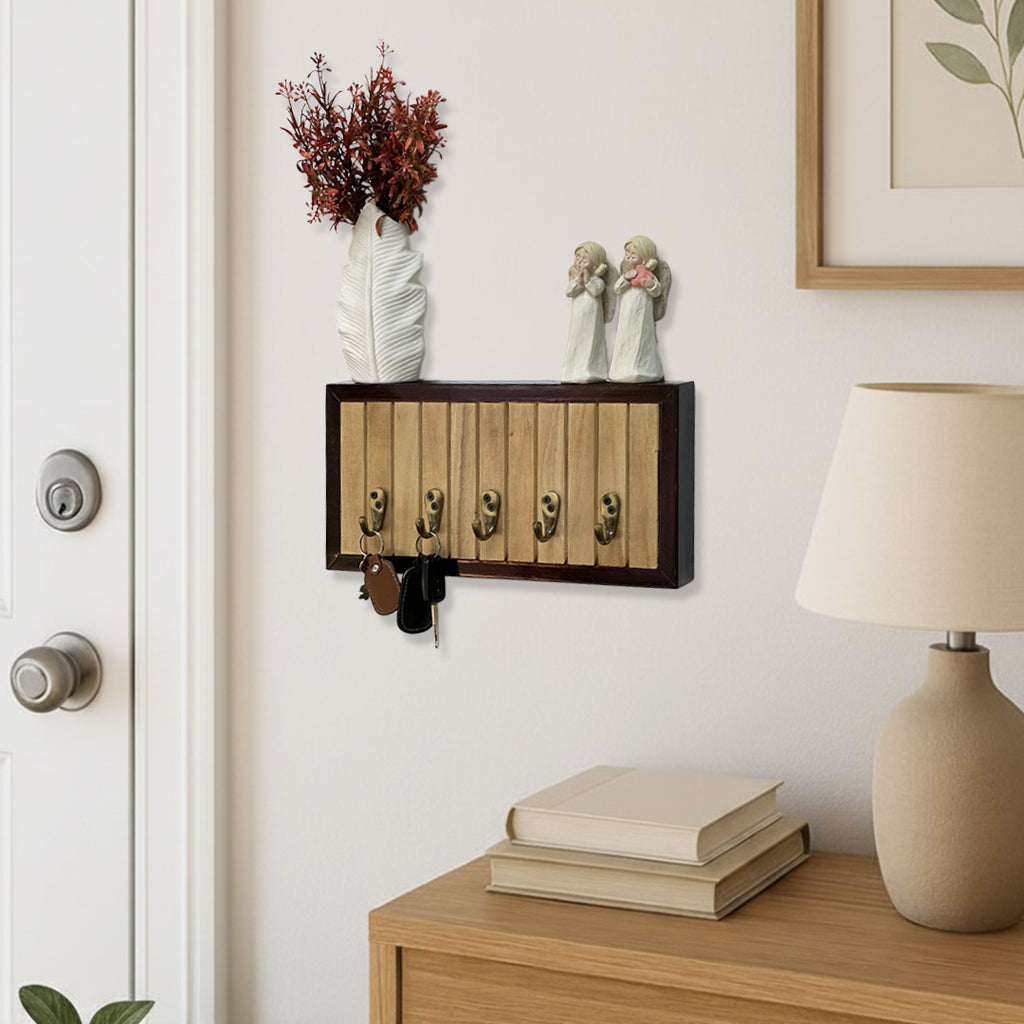 Wooden Key holder with 5 antique brass finish hooks