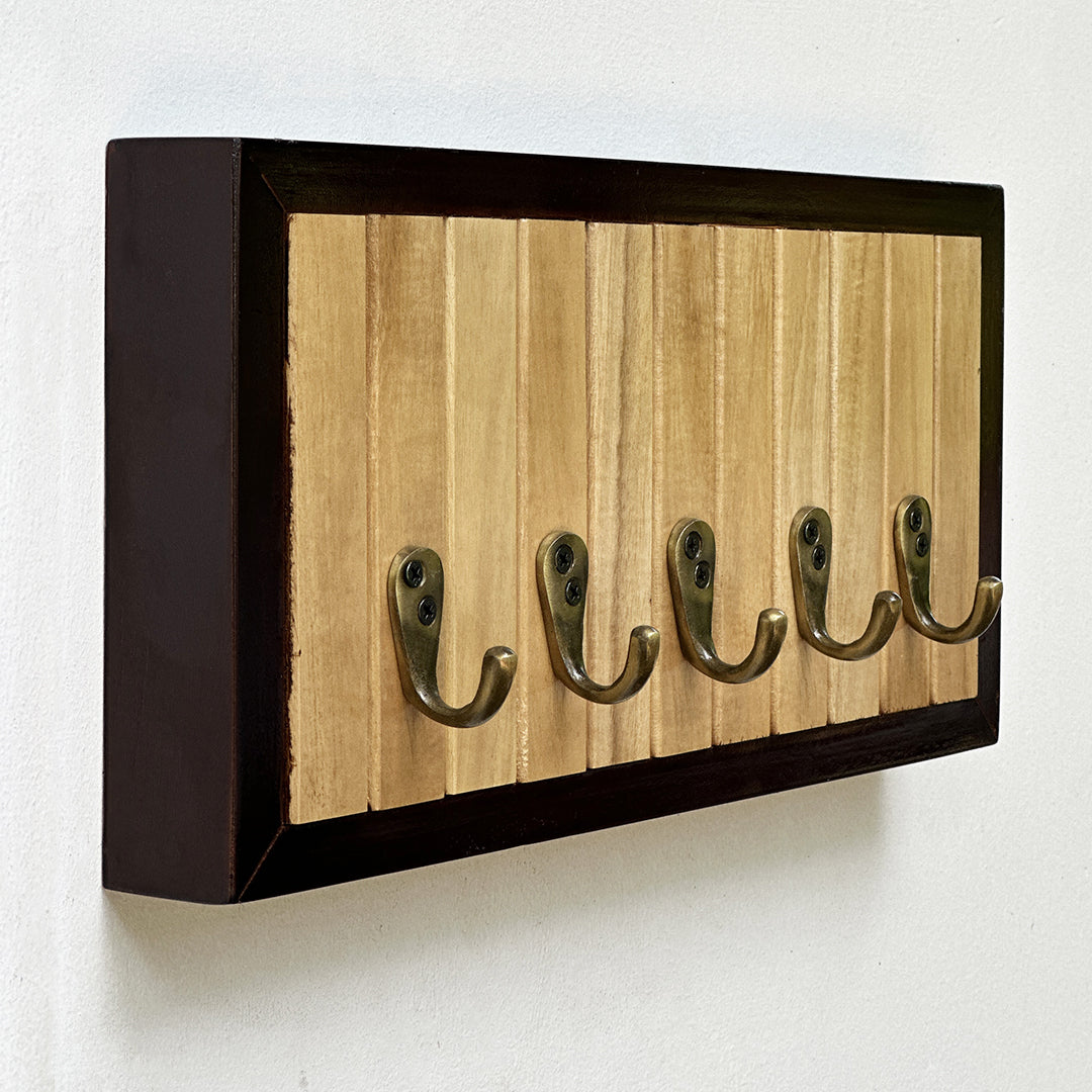 Wooden Key holder with 5 antique brass finish hooks
