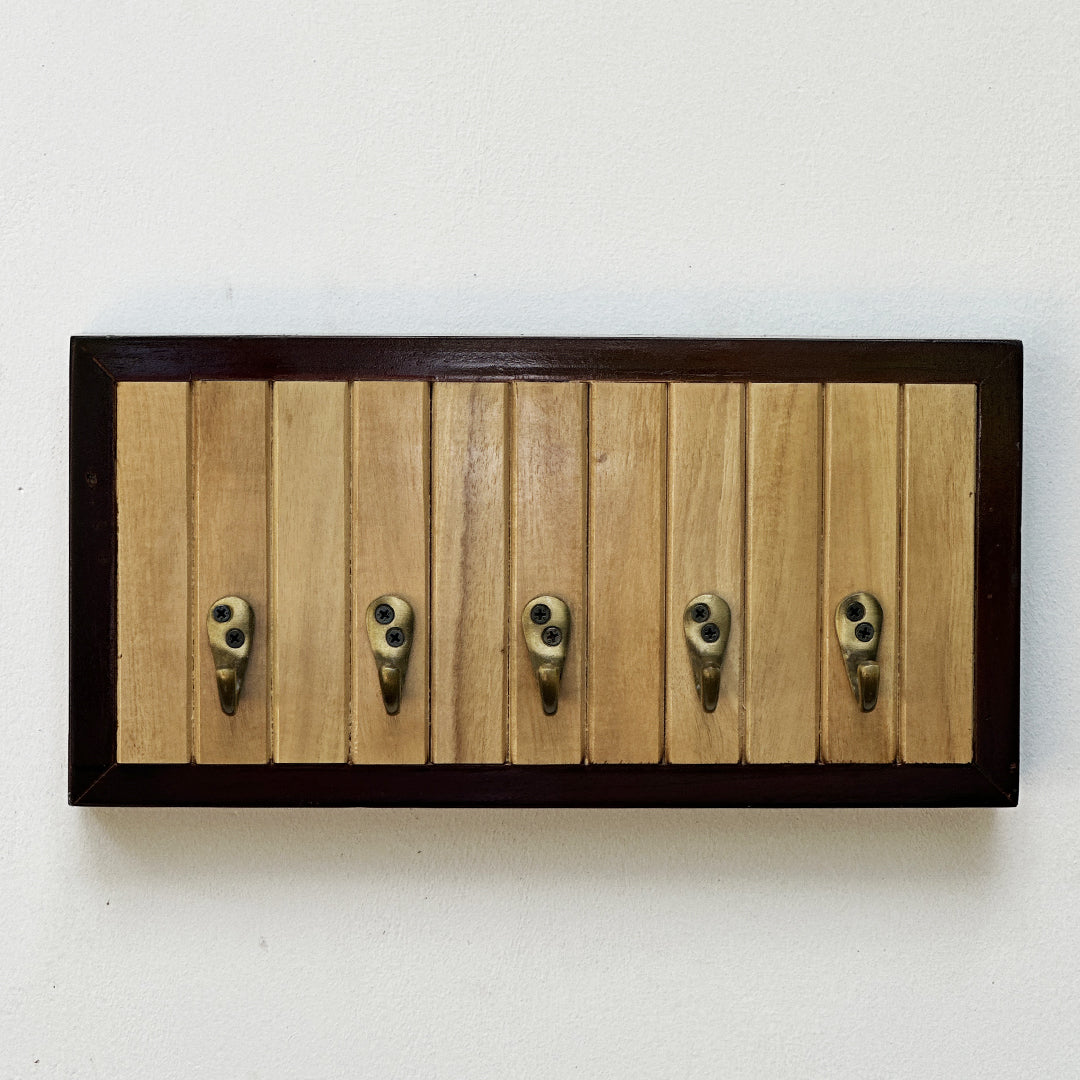 Wooden Key holder with 5 antique brass finish hooks
